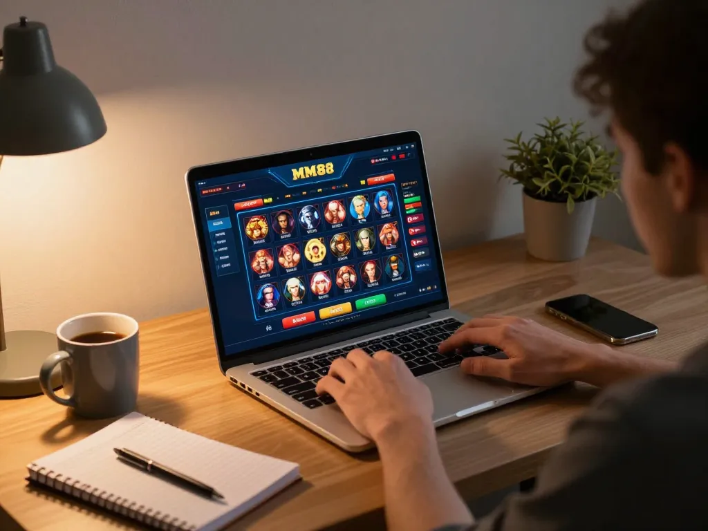 Player enjoying MM88 online casino games on a stylish desk; laptop shows betting interface.