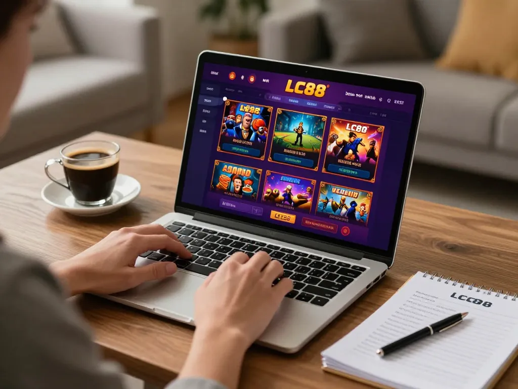 Experience immersive online gambling with LC88 on a stylish laptop setup.