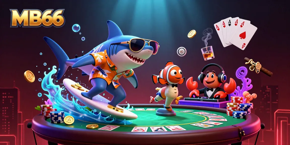 Experience fun gaming adventures at MB66 with a whimsical shark surfing gold coins in this vibrant underwater scene.