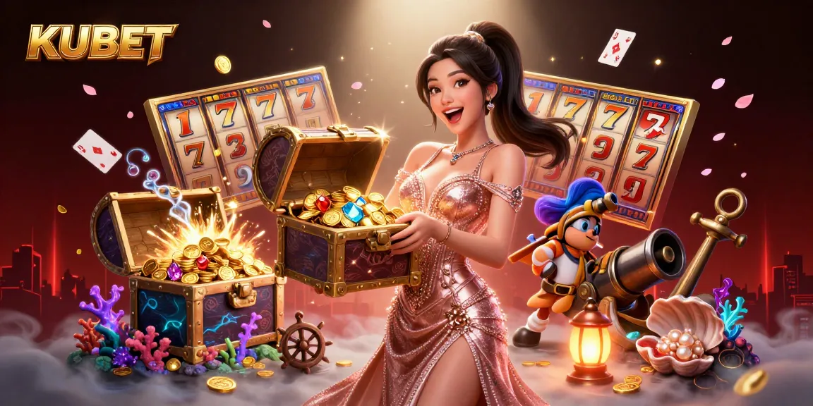 KUBET offers exciting slot reels dynamic scene with golden treasures and vibrant casino elements.