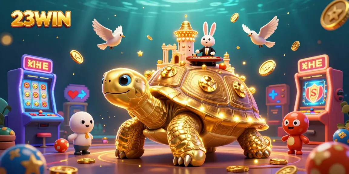Experience exciting wins at 23WIN with the vibrant casino scene featuring dynamic games and golden elements.