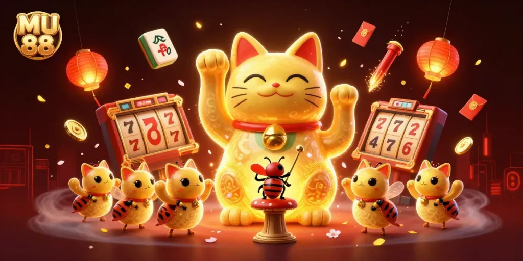 Experience the excitement of MU 88 with a dynamic lucky cat display among vibrant casino symbols.