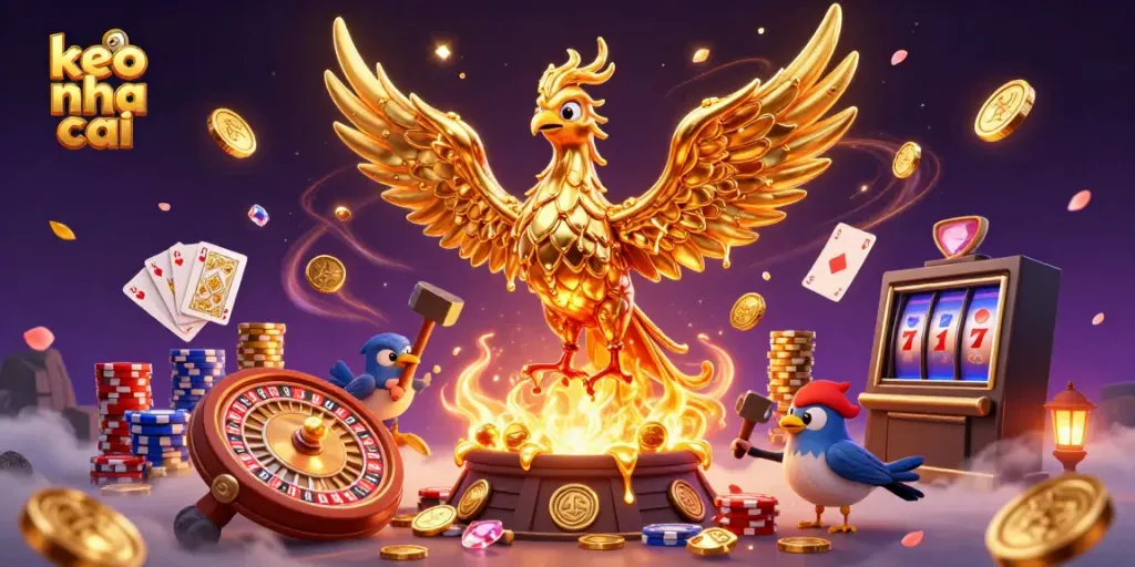 Experience the excitement of keo nha cai with cascading coins and a majestic phoenix in motion.