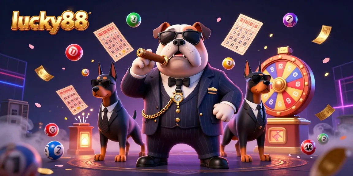 Experience winning with lucky88 as cartoon mafia boss and Doberman bodyguards in a vibrant casino scene.