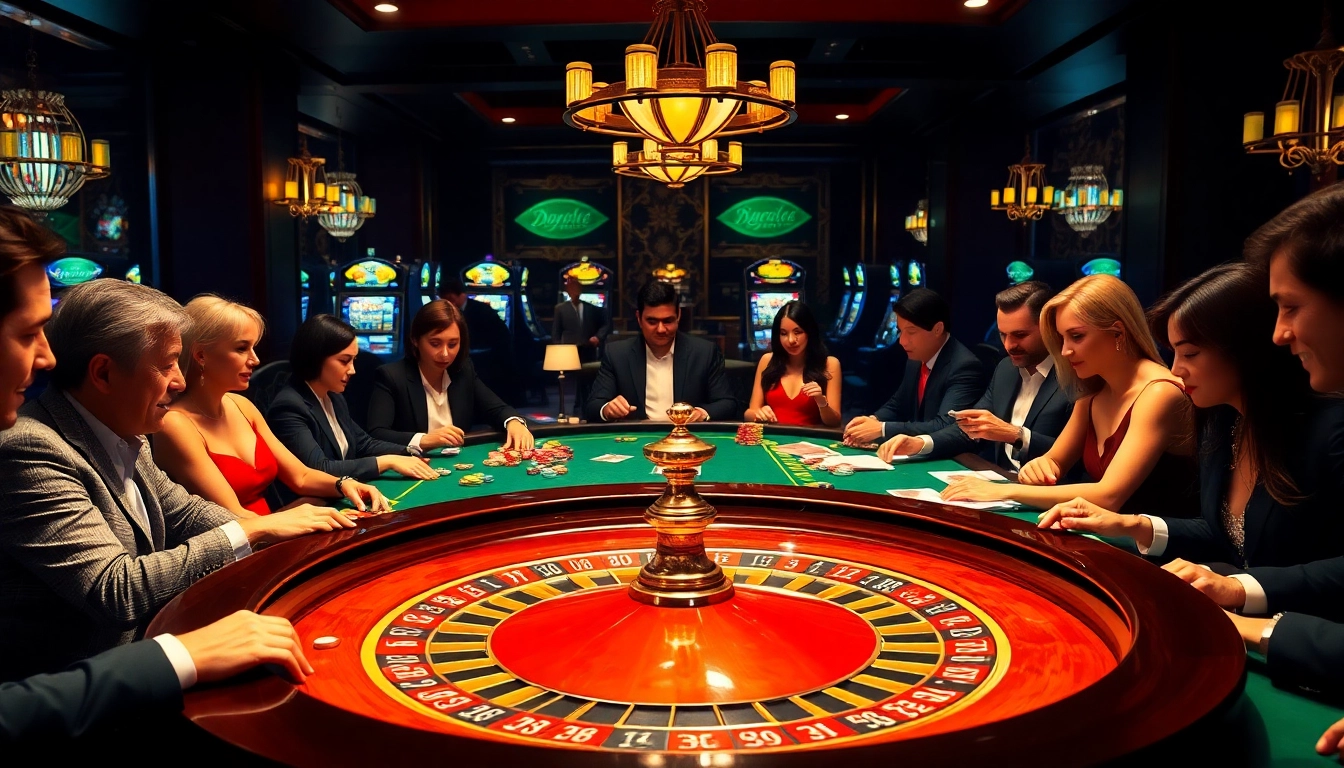 C168-themed roulette table surrounded by diverse players in an elegant casino atmosphere.