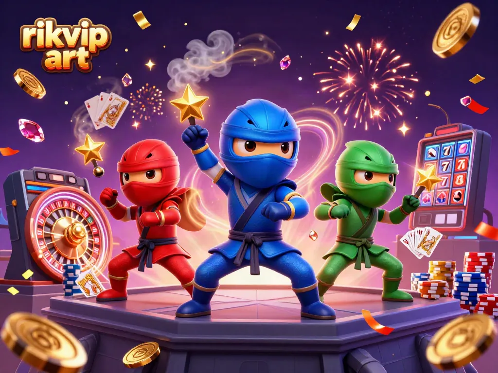 Experience thrilling action with rikvip art showcasing colorful ninja chameleons amidst casino glamour.