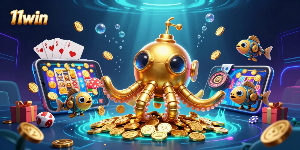 Spin colorful slot reels with 11win's vibrant underwater casino illustration.