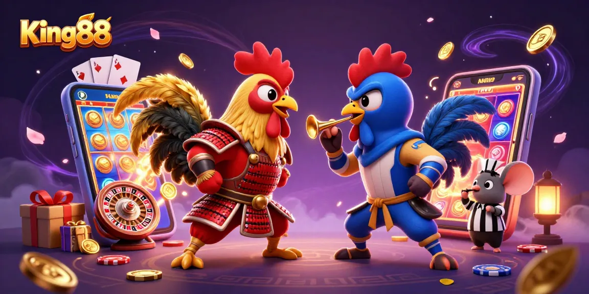 Experience excitement with King88's thrilling cockfight scene among vibrant casino games.