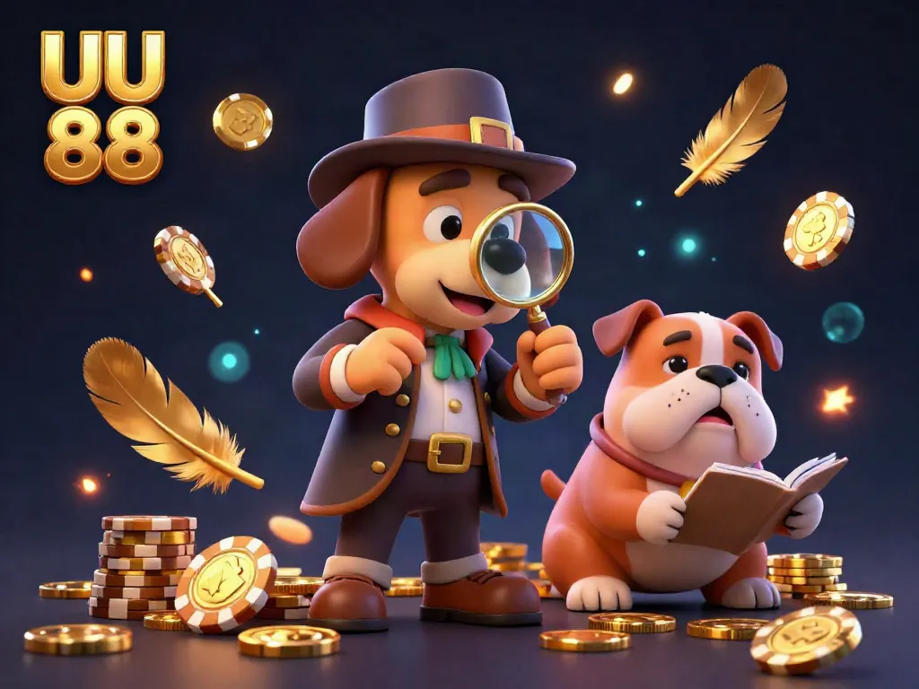 Bet on UU 88 with the 3D detective discovering hidden treasures among golden poker chips and betting tokens.