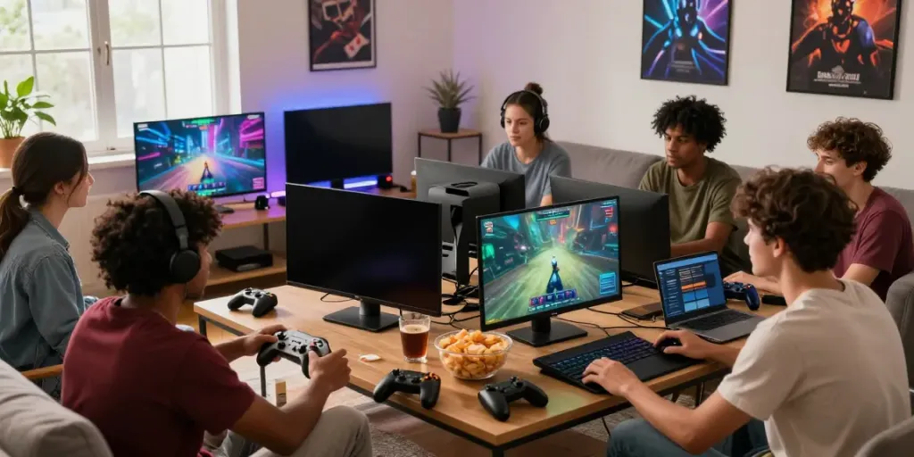 Diverse gamers enjoying a lively session on ROKOK88 in a cozy living room setting.