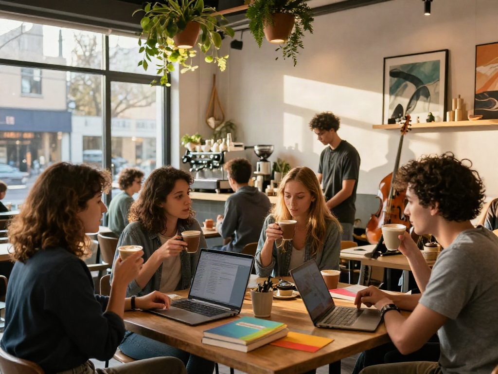 Friends enjoying coffee at café discussing ideas, highlighting rokok88 lifestyle.