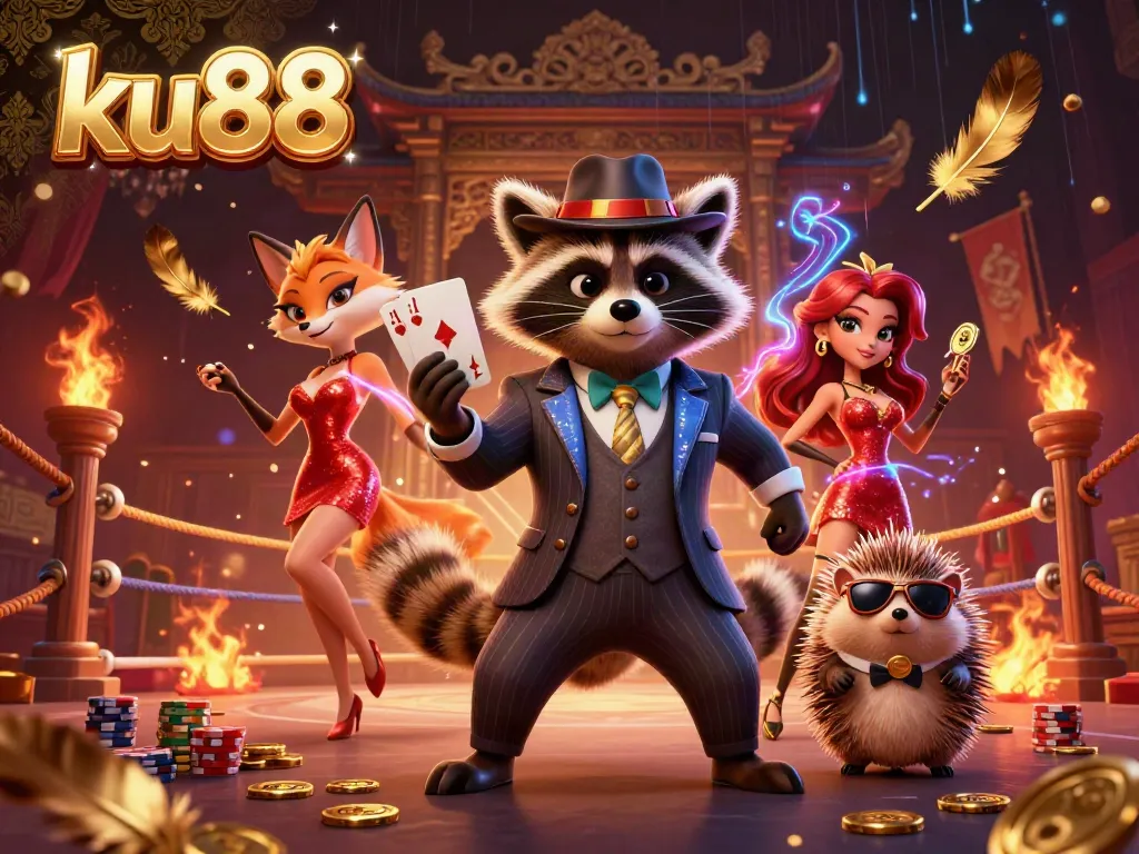 Experience the thrill of ku88 casino with a raccoon and fox in a vibrant 3D illustration.