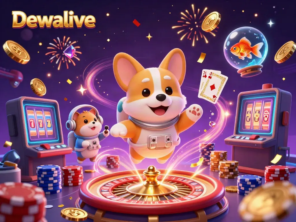 Permainan Dewalive: corgi astronot dan hamster memberi petunjuk di kasino luar angkasa dengan koin emas.