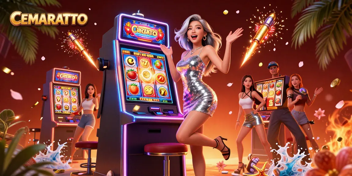 CEMARATOTO jackpot celebration featuring a glamorous woman at a slot machine with dynamic casino elements.