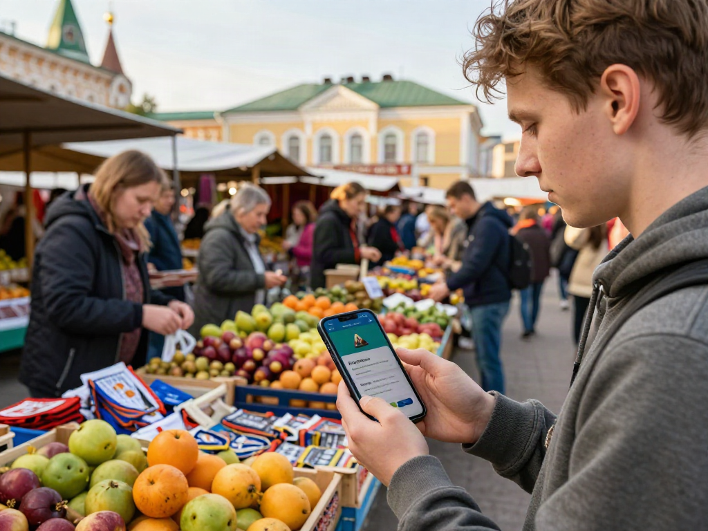 https://payinrussia.com/ ile Rusya'da ödeme yapan genç bir gezginin yerel pazarda akıllı telefonunu kullandığı canlı sahne.