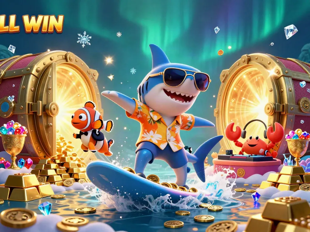 Experience the excitement of the LL WIN casino with a shark surfing atop gold coins surrounded by vibrant treasures.