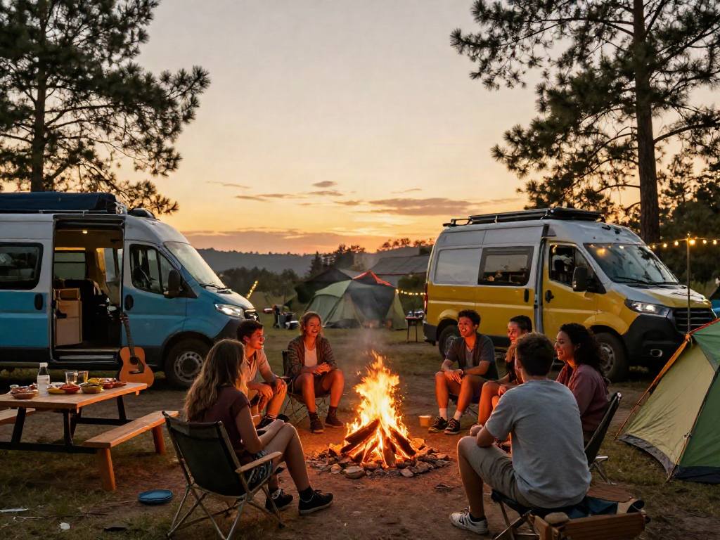 Rokok88 community gathering at campsite with campervans during golden hour, showcasing friendship and adventure.