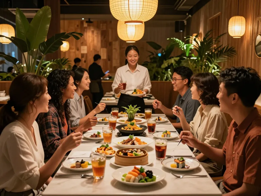 Group of friends enjoying Asian dishes at RED88, celebrating food and culture in a vibrant atmosphere.