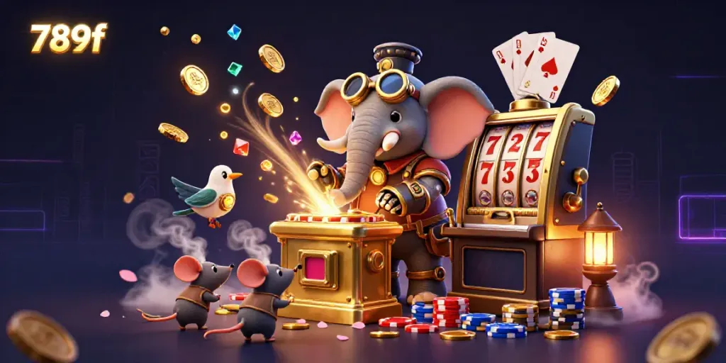 Experience the excitement of 789f's steampunk-themed slots with animated golden coins and characters.