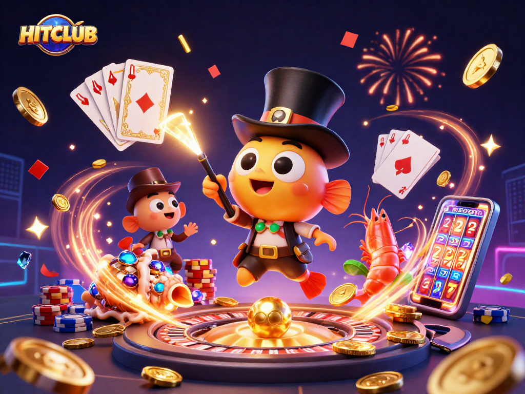 Join the excitement at HITCLUB as glowing treasures attract winning coins in this vibrant casino scene.