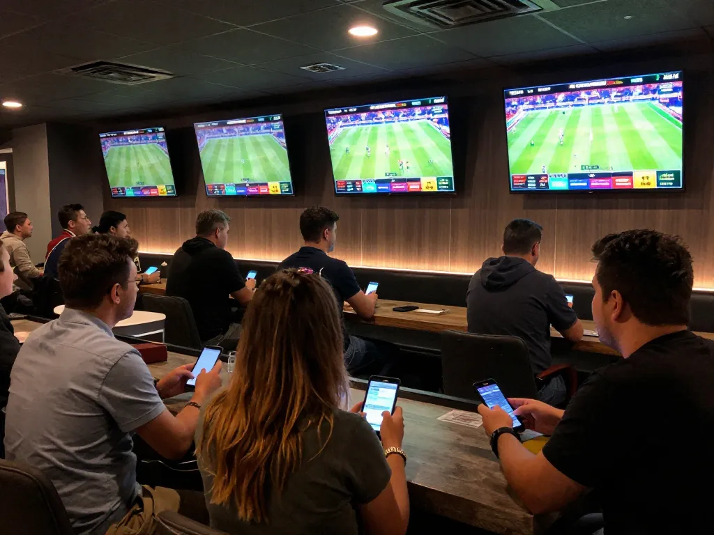 Excited players engaging in sports betting at GG88, placing bets while watching live sports events on multiple screens.
