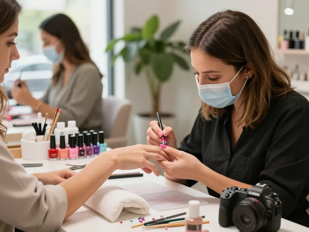 Nail technician applying colorful gel nails in a hygienic beauty salon.