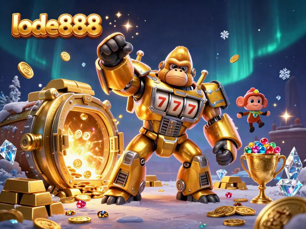 Experience thrilling wins with lode888's golden gorilla mech surrounded by treasure in a vibrant casino scene.