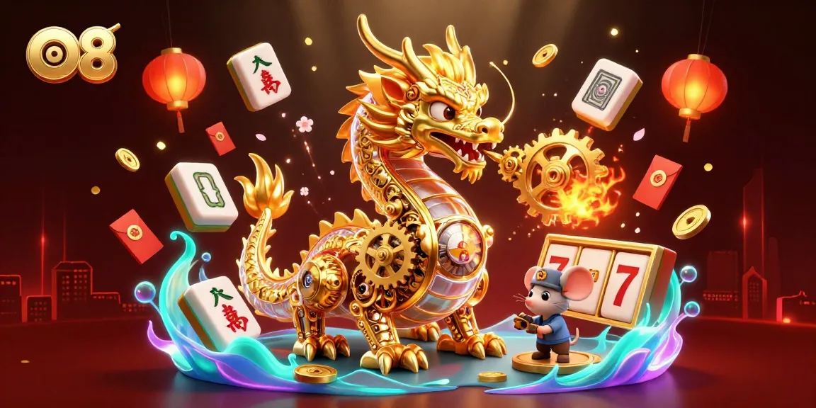 A golden dragon breathing gears celebrates O8's diverse casino games with vibrant elements.