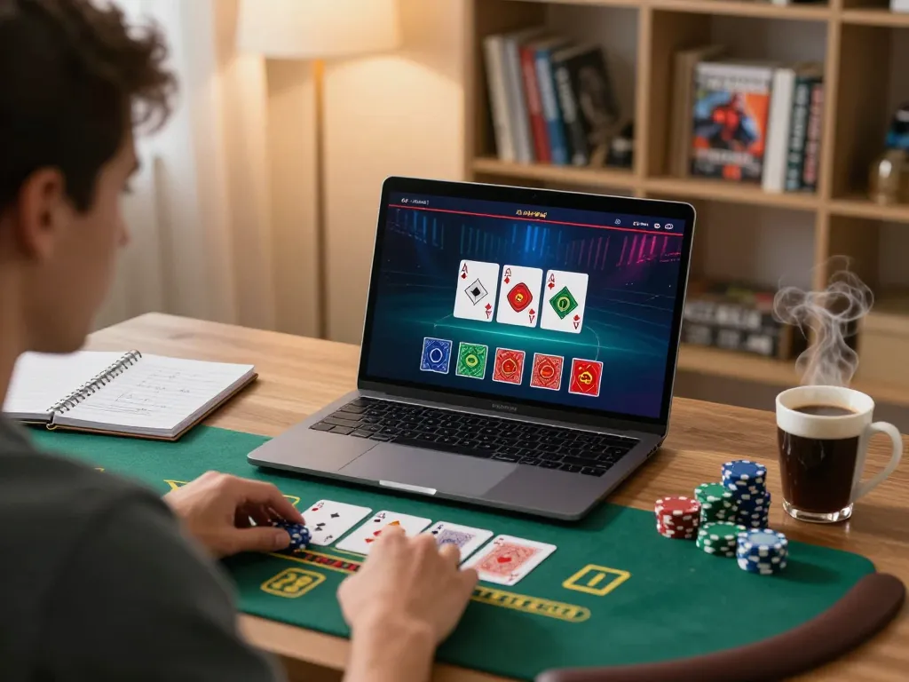 Engaged player strategizing during a live dealer blackjack session on https://vu88.lol/ in a cozy home office setting