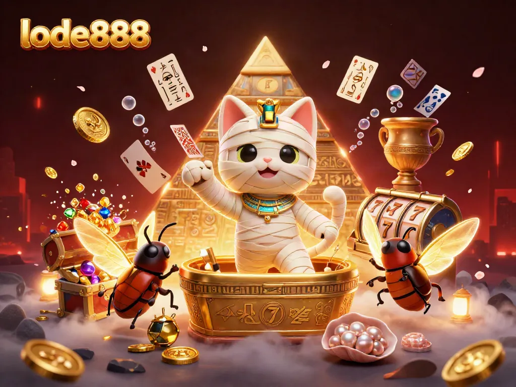 Experience thrilling wins with lode888 in an energetic casino scene featuring a mummy cat and glowing elements.