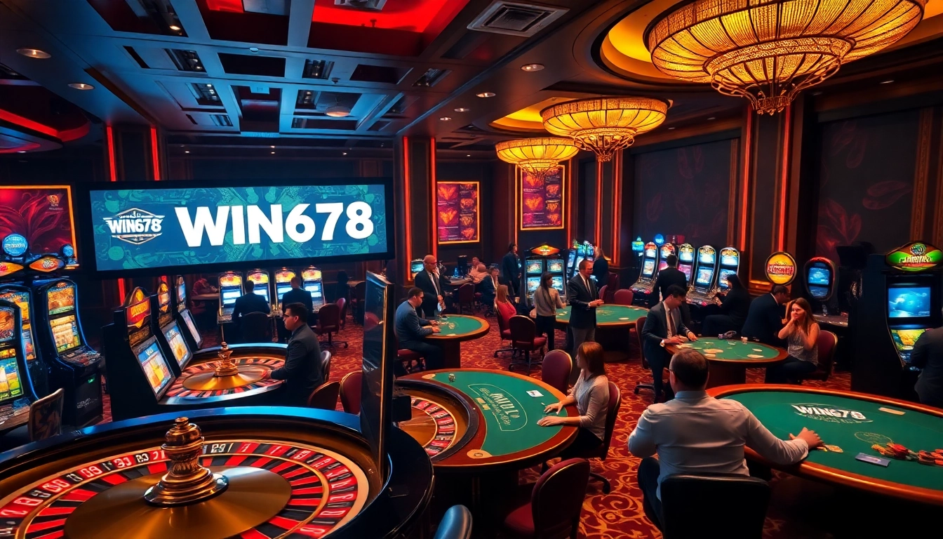 WIN678 players enjoying thrilling casino games in a luxurious setting with vibrant tables and equipment.