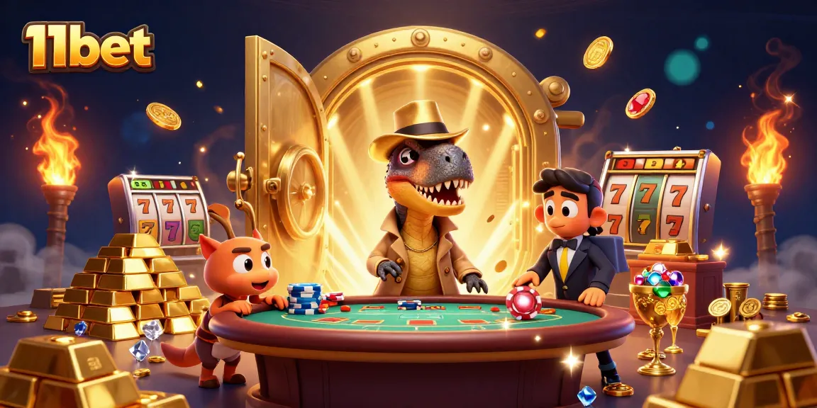 11bet showcases a vibrant 3D casino scene with a velociraptor and dinosaur characters at a blackjack table.