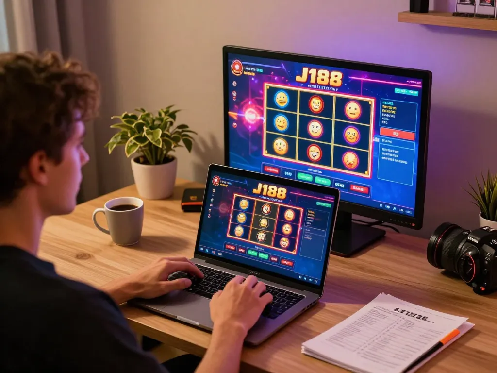 Engaging player enjoying online casino games on J188 platform with cozy home setup