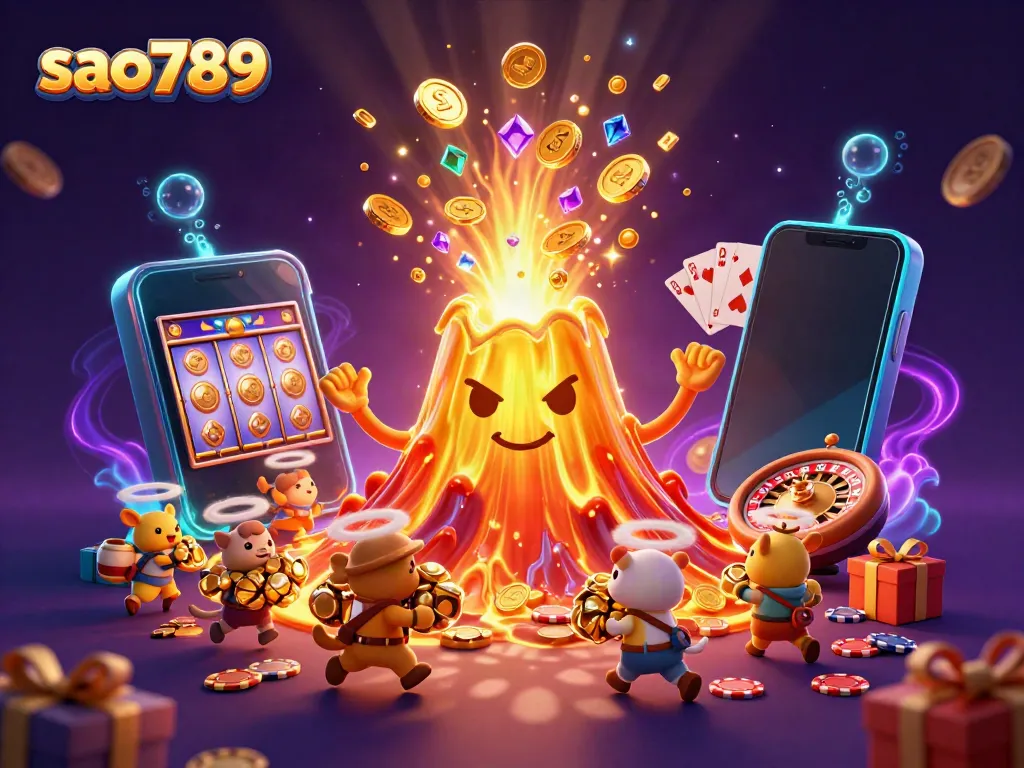 Sao789 showcases a thrilling casino scene with a golden volcano erupting coins and treasure, enhancing excitement for gamers.