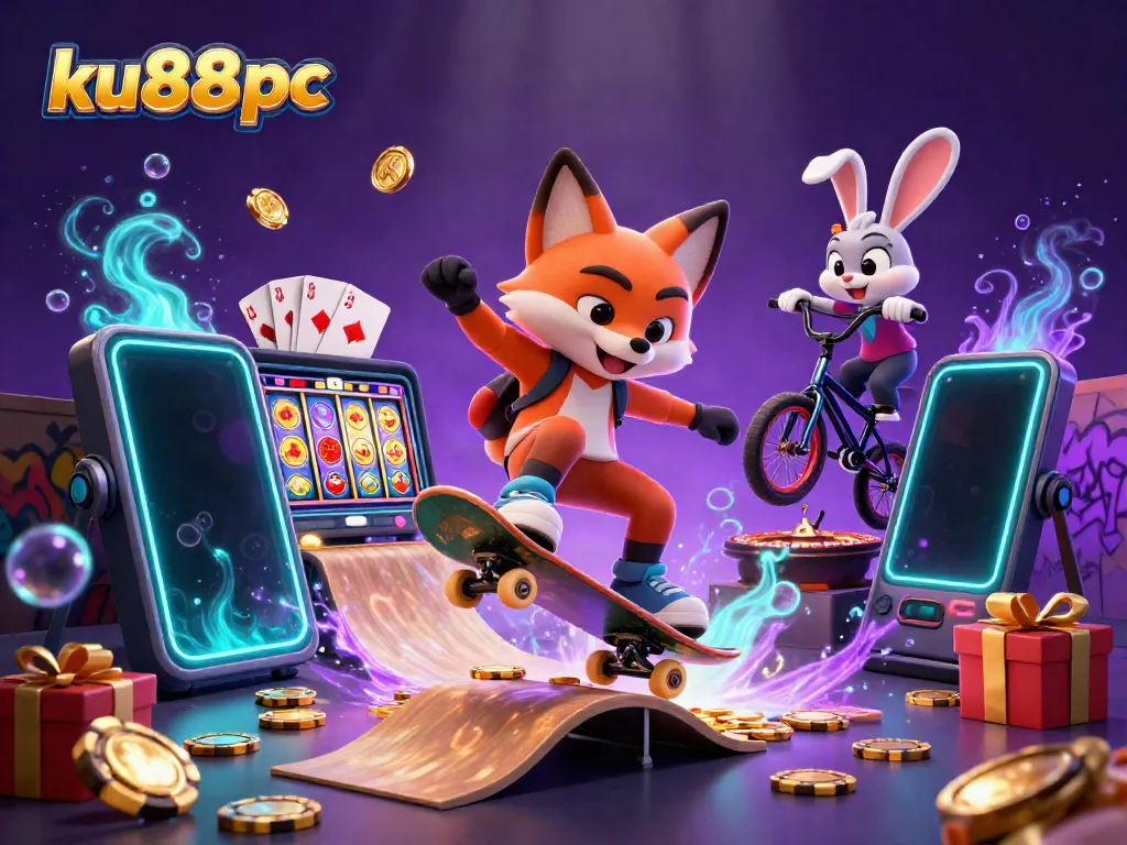Explore thrilling gaming adventures with ku88pc as a skateboarder fox and BMX-riding rabbit showcase casino excitement.