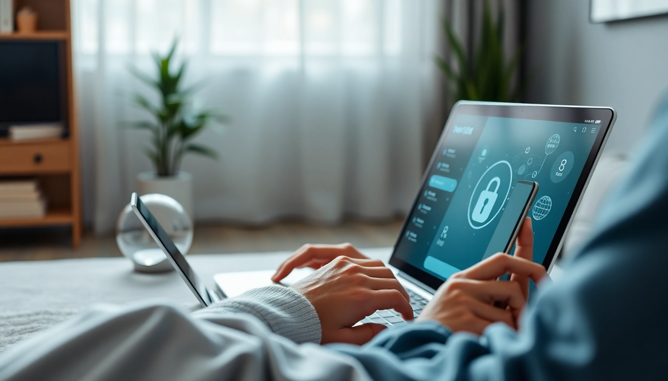 快连下载 application interface displayed on devices in a modern workspace, emphasizing internet safety and connectivity.