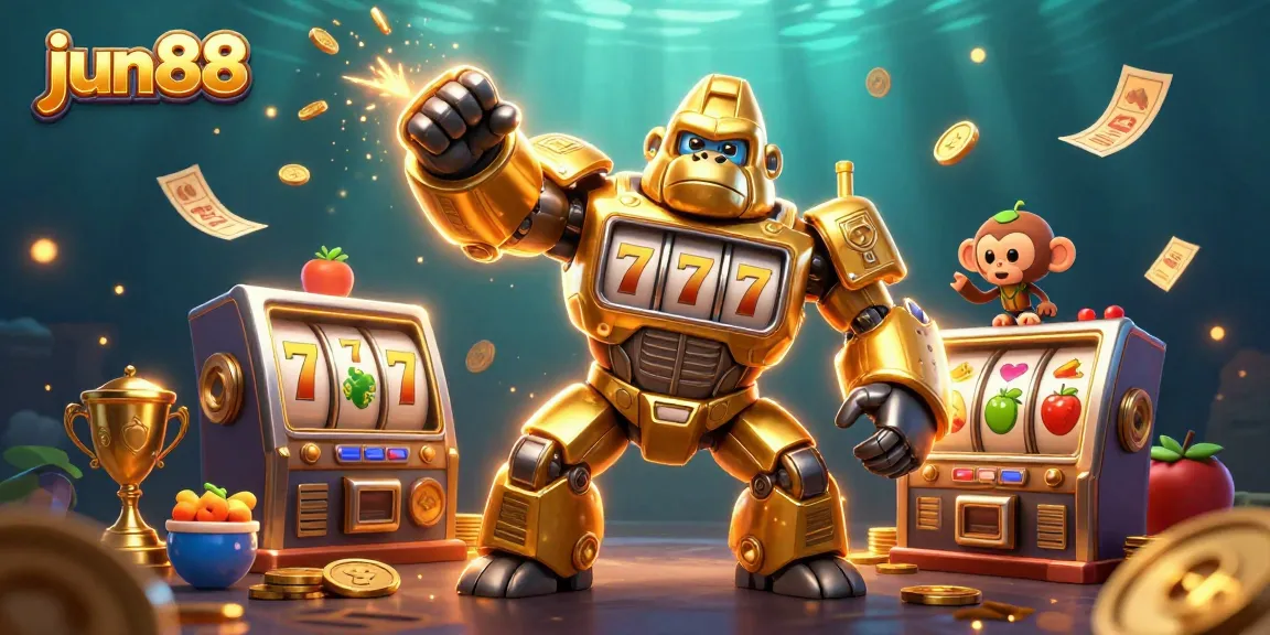 Experience the excitement of jun88 in this vibrant 3D illustration featuring a golden gorilla mech amidst slot reels and shimmering coins.