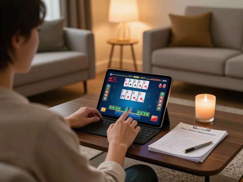 Engaging online poker gameplay at da88 com with ambient lighting and strategy notes visible.