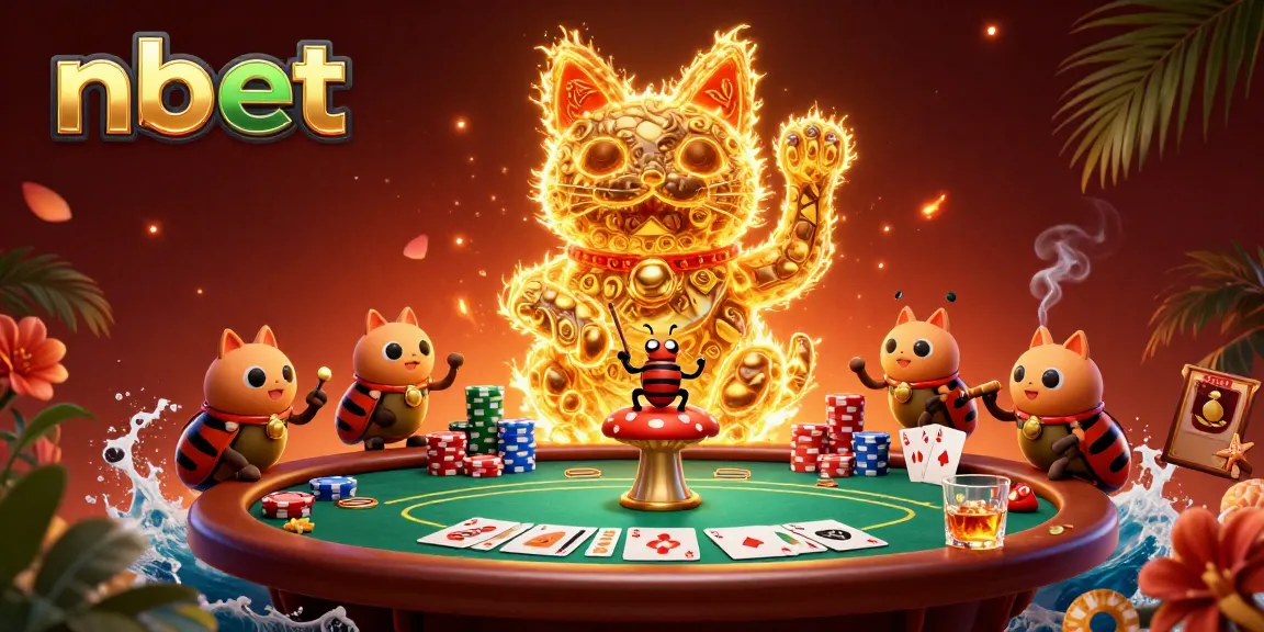 Experience nbet’s vibrant casino world with a lucky cat and poker elements in a colorful scene.