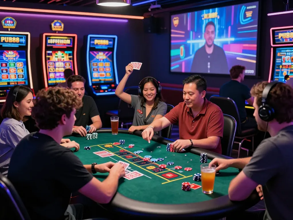 Exciting PUB88 online gaming scene with diverse players in a live casino session.