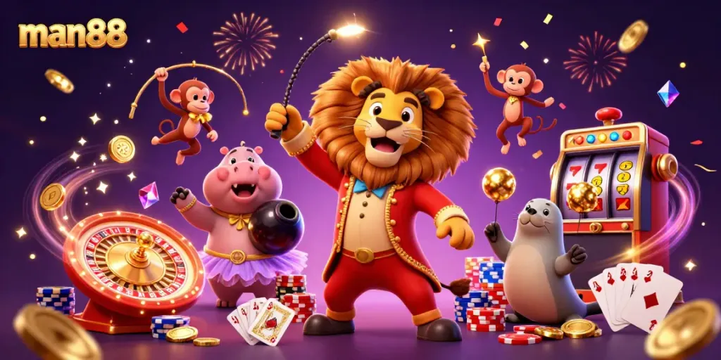 Engage with man88's exhilarating gaming experience featuring vibrant characters and casino elements.