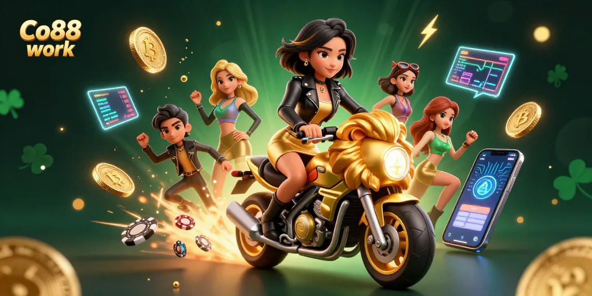 Experience thrilling gaming action with Co88 work in vibrant 3D casino-inspired illustration.