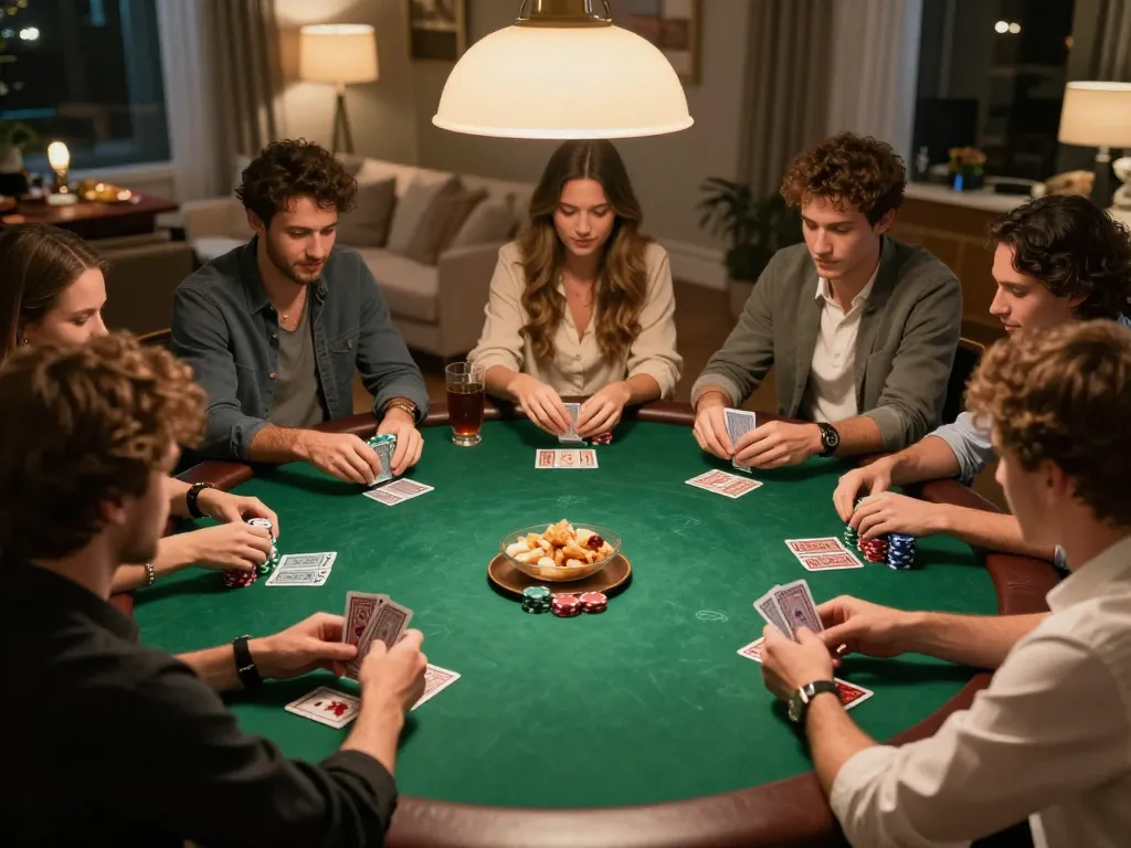 Friends enjoying a poker game at home, strategizing with chips, capturing the fun of VIN88.