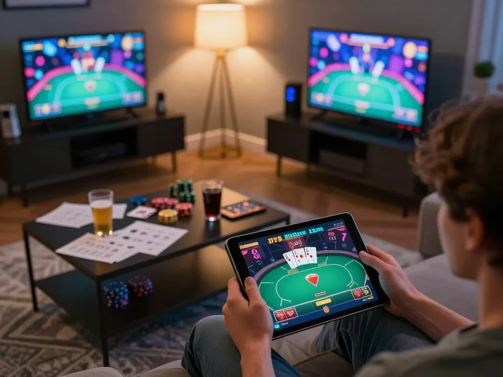VA88 user enjoying online poker game on tablet in cozy living room setting
