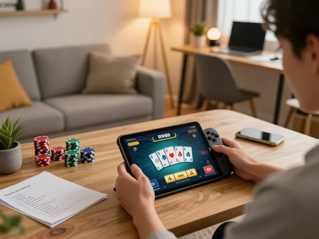 Player engaging with RR88 App on tablet amidst a cozy gaming environment, showcasing online casino excitement