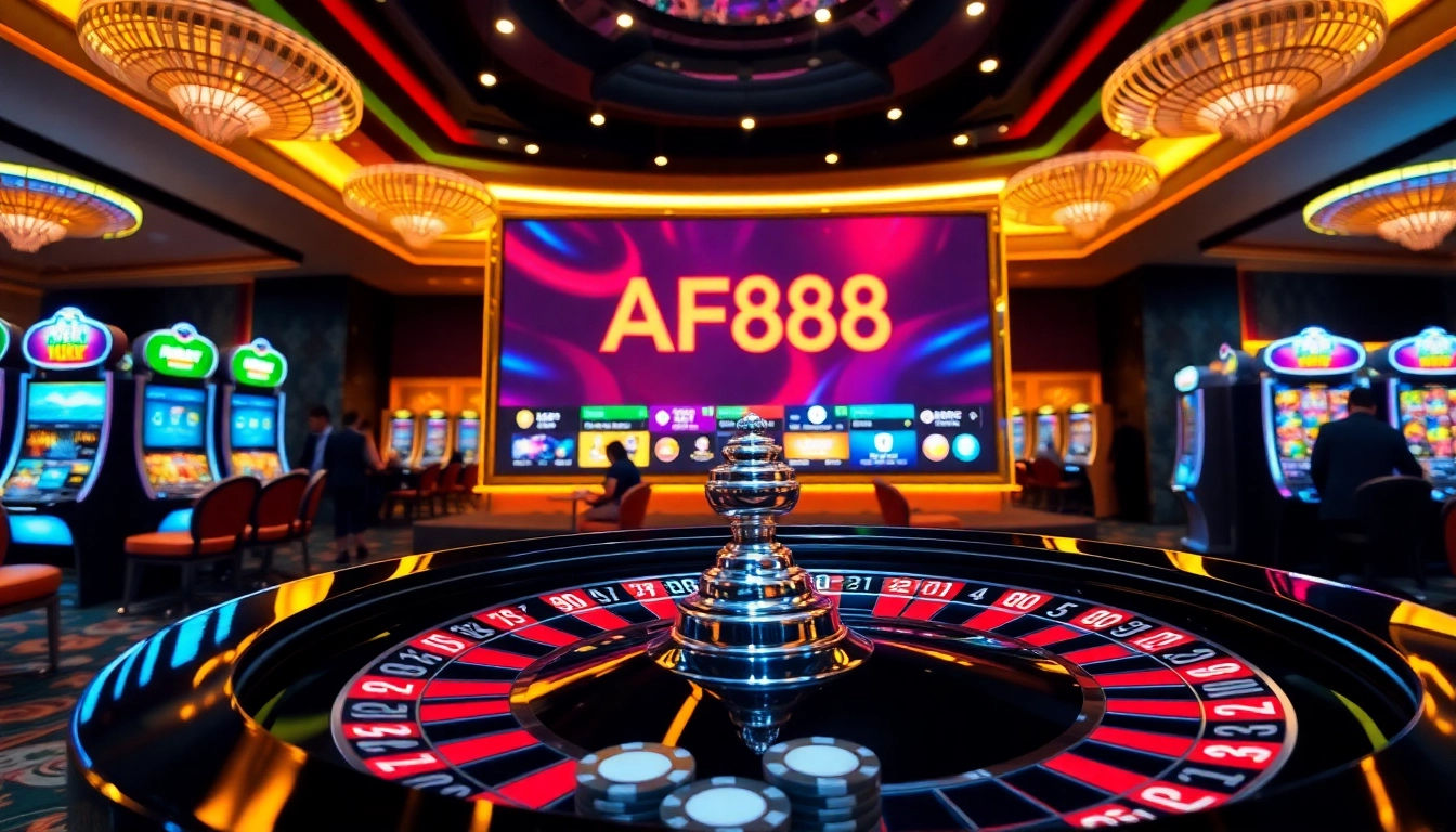 AF88 casino scene featuring roulette wheel, poker chips, and vibrant online gambling interface.