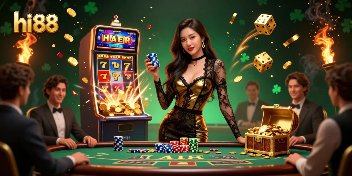 Join the excitement at hi88, featuring a stunning Asian woman at a VIP baccarat table with golden casino chips.