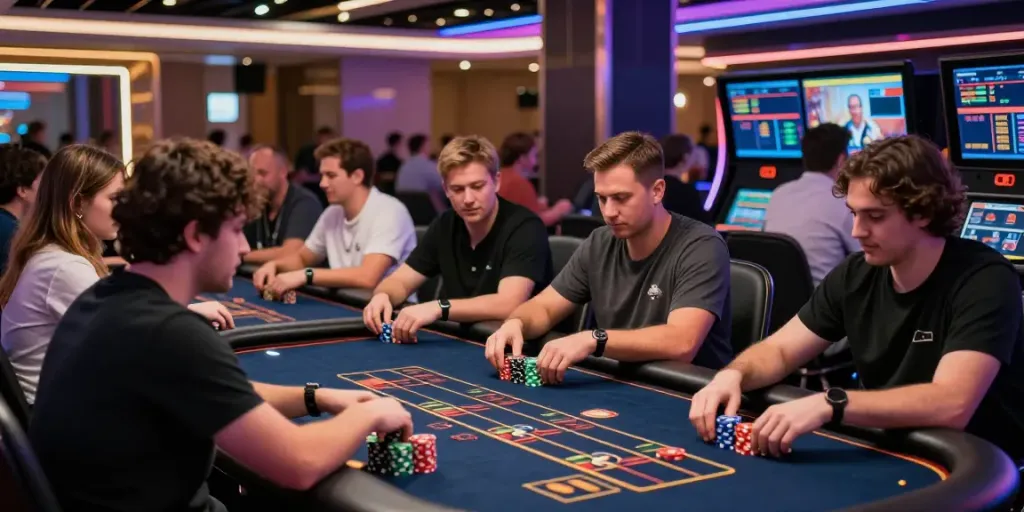 Diverse players enjoying the excitement of fc88 roulette game in a lively online casino.