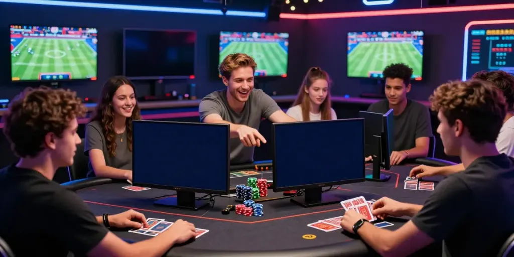 Engaged players enjoying the man88 gaming platform in a vibrant, high-tech setting.
