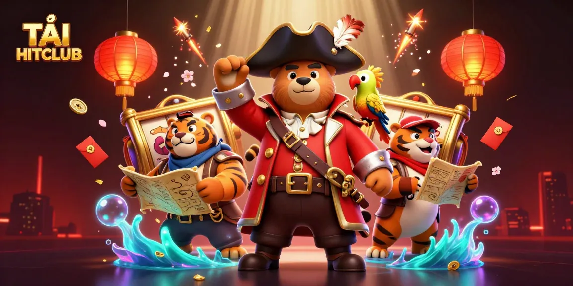 TẢI HITCLUB and enjoy thrilling game spins amid vibrant casino elements featuring a pirate crew.